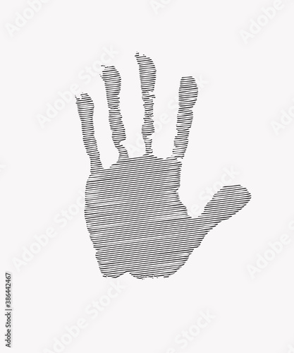 Print of human hand with concentric circles pattern. Scanning the palm and fingers on a light background, creative vector illustration. Decorative adult or child handprint