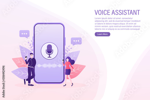 Concept vector illustration of young people with voice assistant, speaker recognition, voice controlled smart speaker.