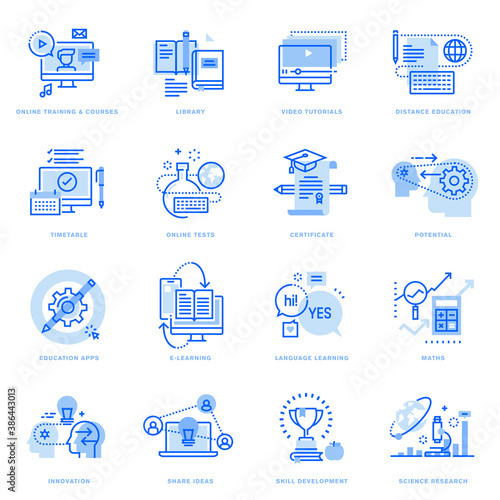 Set of flat line icons of distance education and online learning. Vector concepts for website and app design and development, business presentation and marketing material.