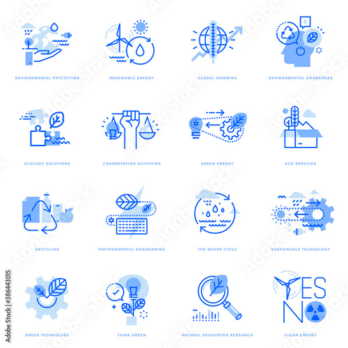 Set of flat line icons of ecology and green technology. Vector concepts for website and app design and development, business presentation and marketing material.