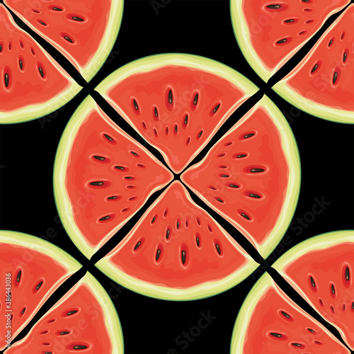 Fruit seamless pattern with red sweet watermelon slices on a black backdrop. Vector background with the ripe juicy watermelon quarters, suitable for wallpaper, wrapping paper, fabric, summer design