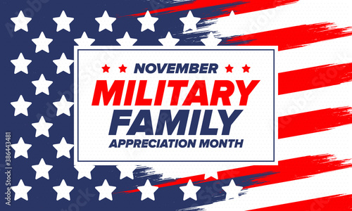 National Military Family Month in United States. Celebrate annual in November. Thank you for military family. Patriotic american elements. Poster, card, banner, background. Vector illustration