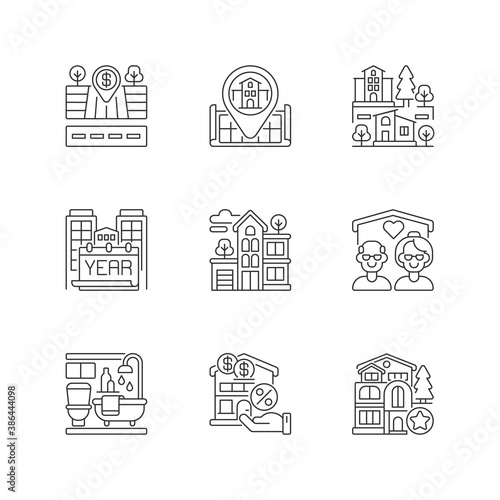 House services pixel perfect linear icons set. Empty lot for sale. Home position on map. Customizable thin line contour symbols. Isolated vector outline illustrations. Editable stroke