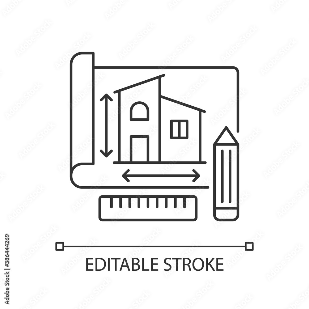 Fototapeta premium Building plan pixel perfect linear icon. Engineering draft for house. Blueprint of house. Thin line customizable illustration. Contour symbol. Vector isolated outline drawing. Editable stroke