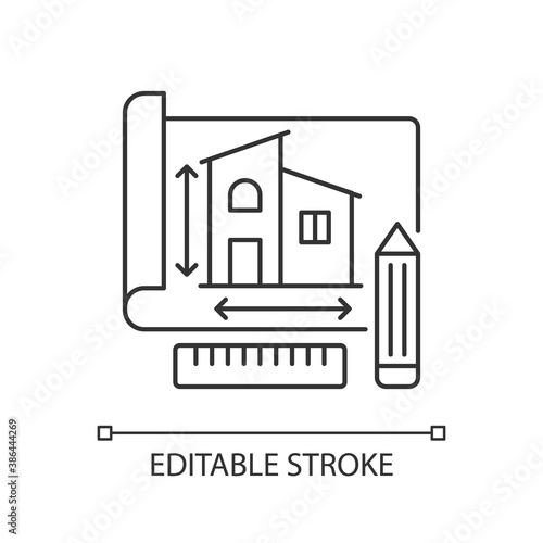Building plan pixel perfect linear icon. Engineering draft for house. Blueprint of house. Thin line customizable illustration. Contour symbol. Vector isolated outline drawing. Editable stroke