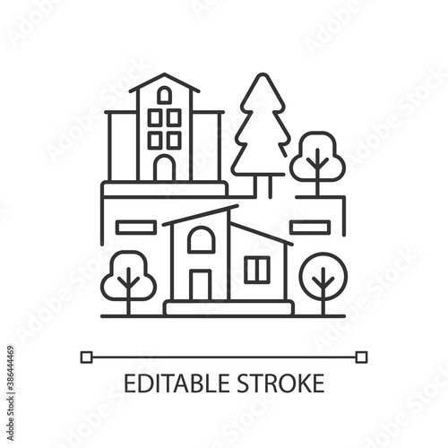 Neighborhood pixel perfect linear icon. Downtown district. Suburban living. Property types. hin line customizable illustration. Contour symbol. Vector isolated outline drawing. Editable stroke