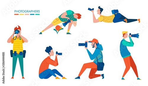 Photographers With Professional Equipment in Different Poses on a White Background. Cartoon Flat Vector Illustration.