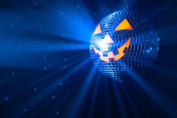 pumpkin disco ball at Halloween party, jack o'lantern with shiny rays in smoke