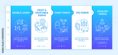 Farm production types onboarding vector template. Fields for foods. Different animal growing farms. Responsive mobile website with icons. Webpage walkthrough step screens. RGB color concept