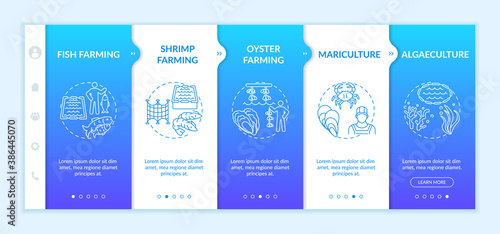 Aquaculture types onboarding vector template. Sea food production farms. Luxury shrimps and oysters. Responsive mobile website with icons. Webpage walkthrough step screens. RGB color concept