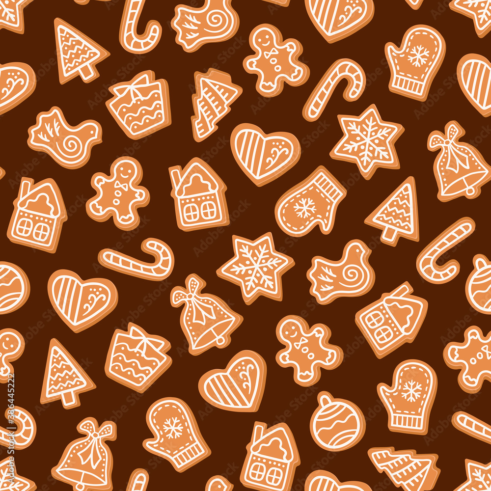 Gingerbread seamless pattern. Cookies in the form snowflake, christmas tree, gingerbread man, mitten, house background. Winter decoration.