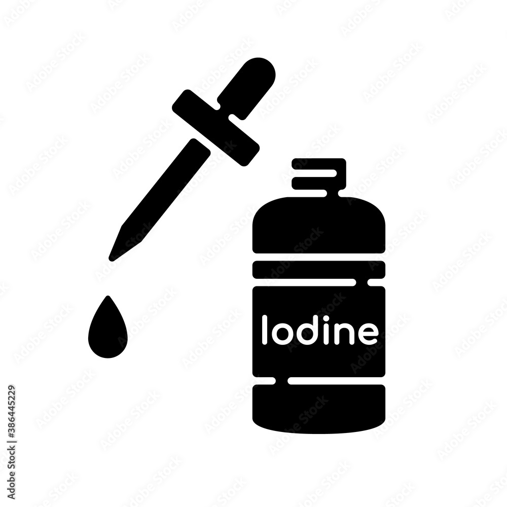 Iodine black glyph icon. Fluid cleanser in bottle. Treatment for wound. First aid supplement. Sanitation mean for injury treatment. Silhouette symbol on white space. Vector isolated illustration Iodine black glyph icon. Fluid cleanser in bottle. Treatment for wound. First aid supplement. Sanitation mean for injury treatment. Silhouette symbol on white space. Vector isolated illustration