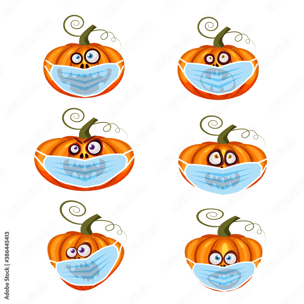Set Halloween Pumpkin wearing medical face mask from coronavirus during quarantine, symbol autumn holiday All Saints Day. Vector illustration