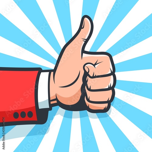 Thumb up - hand gesture. Like sign. Vector vintage comics illustration.