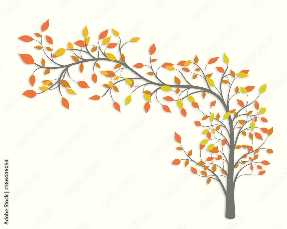 Curved autumn tree with yellow and red leaves on a light background