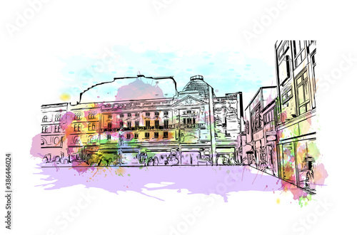 Building view with landmark of Blackpool is a seaside resort on the Irish Sea coast of England. Watercolor splash with hand drawn sketch illustration in vector.