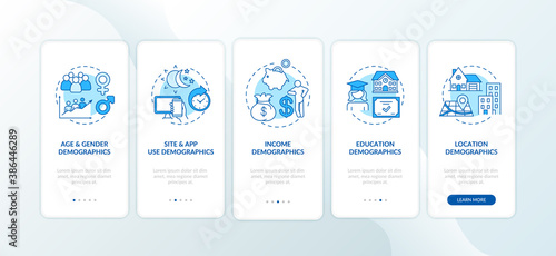 Social media demographics onboarding mobile app page screen with concepts. Education, earnings demographics walkthrough 5 steps graphic instructions. UI vector template with RGB color illustrations