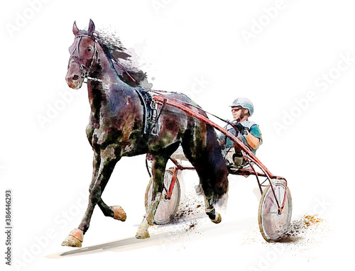 Horse. Equestrian sport. Trotter race. Jockey. Harness racing. Watercolor painting illustration. Hippodrome. Isolated on white background photo