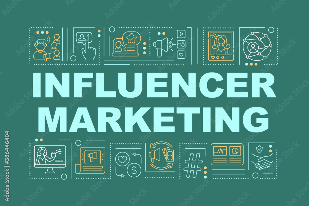 Influencer marketing word concepts banner. Online product selling sphere. Infographics with linear icons on green background. Isolated typography. Vector outline RGB color illustration