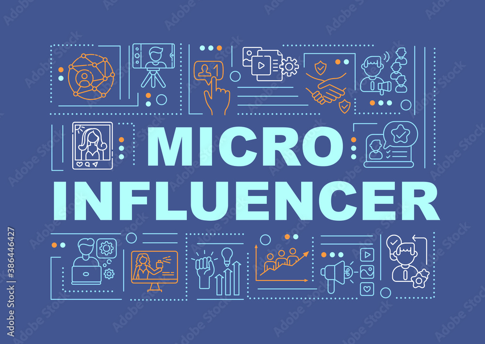 Micro Influencers word concepts banner. Bloggers payed promotions. Young audience. Infographics with linear icons on navy background. Isolated typography. Vector outline RGB color illustration