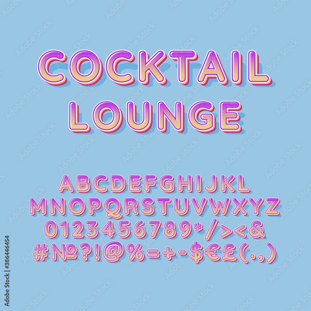 Cocktail lounge header vintage 3d vector alphabet set. Retro bold font, typeface. Pop art stylized lettering. Old school style letters, numbers, symbols pack. 90s, 80s creative typeset design template