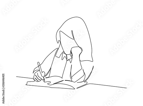 A young female student doing home work - Continuous one line drawing