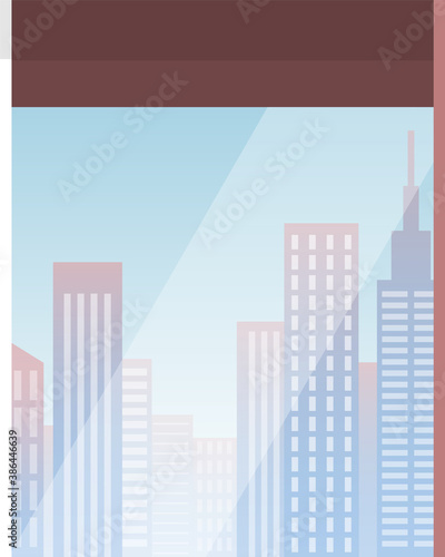 Skyscraper building in city space view from the window. Vector design modern urban landscape city life illustration with house facades. Industrial constructions with apartments and office premises