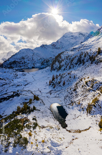 Belviso valley in Valtellina, Italy, aerial view of Torena lakes photo