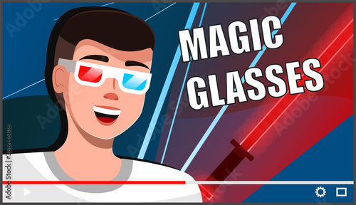 Male professional gamer tell about new magic glasses for computer games. Young man blogger creating content about his hobby and posting it on social media. Screensaver of online video tutorial