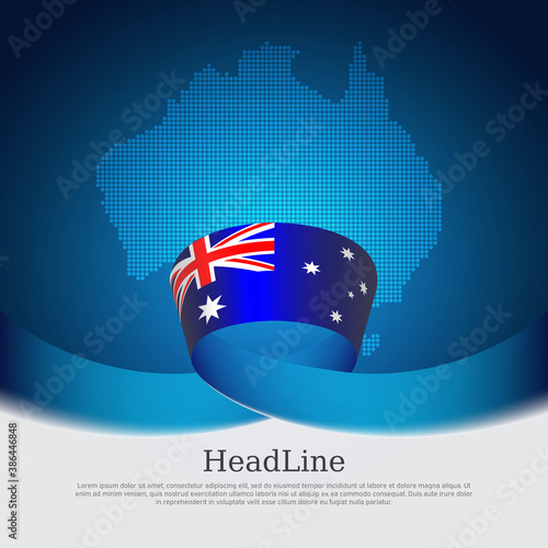 Australia flag background. Mosaic map, australian flag on a blue white background. National poster. Vector design. State australian patriotic banner, cover, business flyer