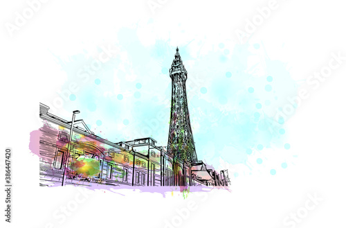 Building view with landmark of Blackpool is a seaside resort on the Irish Sea coast of England. Watercolor splash with hand drawn sketch illustration in vector.