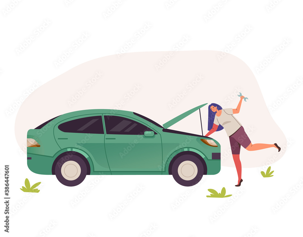 Woman character fixing broken car. Vector flat graphic design illustration