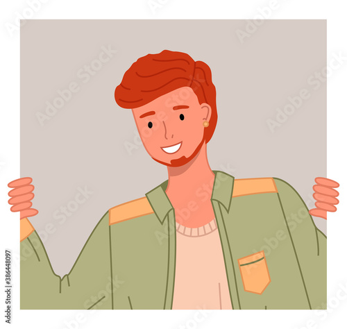 Young redheaded man in casual clothes curious looking peeping out of the window vector Illustration. Funny male character spies watching someone, happy smiling guy in a positive emotional state