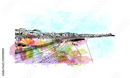 Building view with landmark of Blackpool is a seaside resort on the Irish Sea coast of England. Watercolor splash with hand drawn sketch illustration in vector.