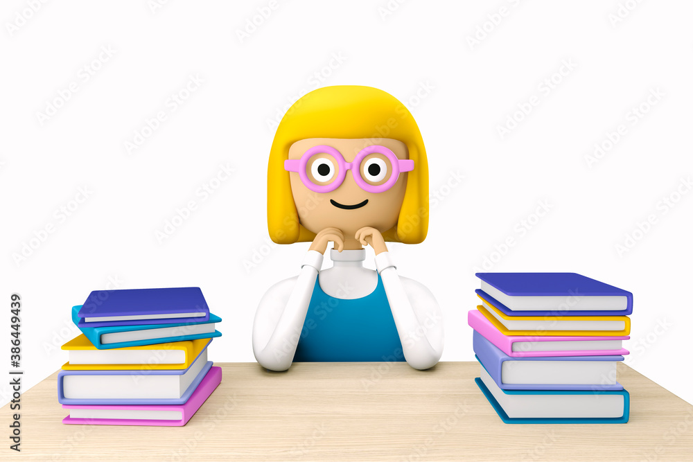 Schoolgirl Sophie to study at home. The schoolgirl sits at the table on which the books. 3d character of the schoolgirl. 3d illustration. 3d rendering