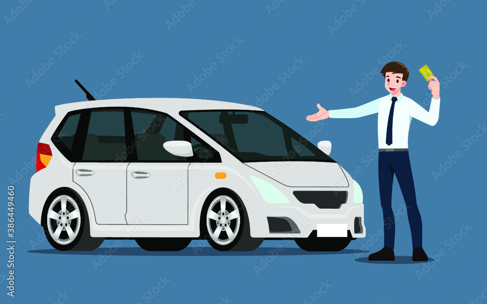 A happy businessman, salesman is standing and present his vehicles for sell or rent that parked in the shop. Business people or car dealer, show his new car in show room. Vector illustration design. A happy businessman, salesman is standing and present his vehicles for sell or rent that parked in the shop. Business people or car dealer, show his new car in show room. Vector illustration design.