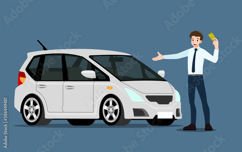 A happy businessman, salesman is standing and present his vehicles for sell or rent that parked in the shop. Business people or car dealer, show his new car in show room. Vector illustration design.