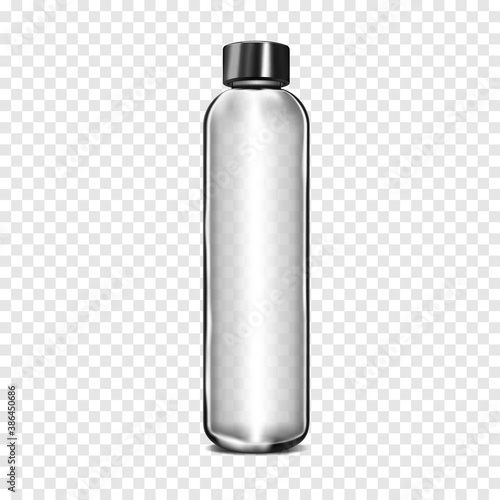 Clear glass cylindrical bottle with black metallic screw cap on transparent background, realistic vector mock-up. Bullet bottle for cosmetic, medical or other liquid product packaging, mockup