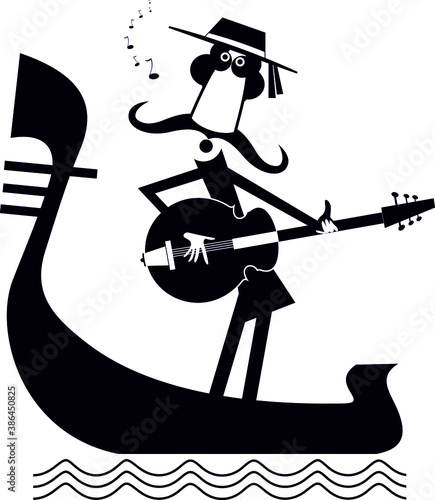 Man with guitar and gondola illustration. Funny gondolier with long mustaches rides on gondola plays guitar and singing isolated on white
