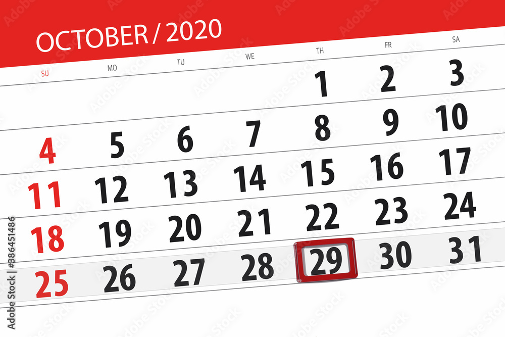 Fototapeta premium Calendar planner for the month october 2020, deadline day, 29, thursday