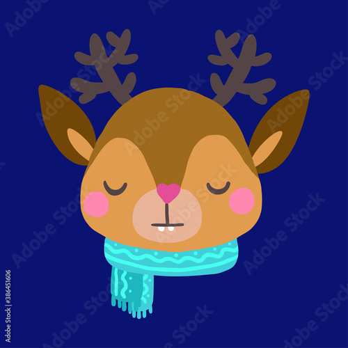 Face of a Christmas deer with antlers with a scarf. Cute animal. Suitable as placeholder, avatar, kids t-shirt print, sticker, temporary tattoo, sublimation
