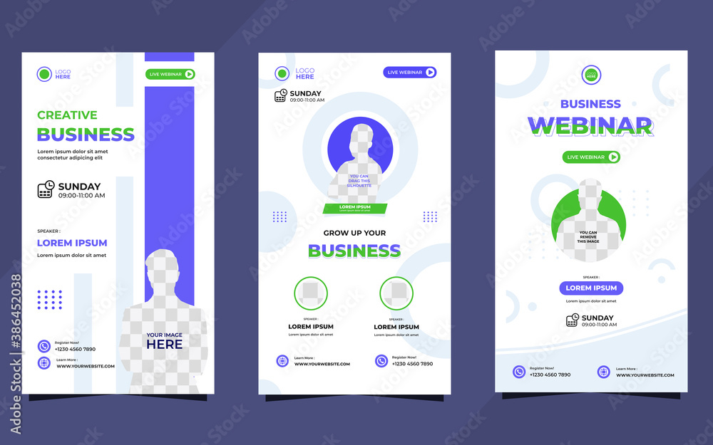 Naklejka premium Collection of social media story post templates. with Minimalist Geometric background in white, blue and green. perfect for business webinar, medical webinar, online class and other online seminars