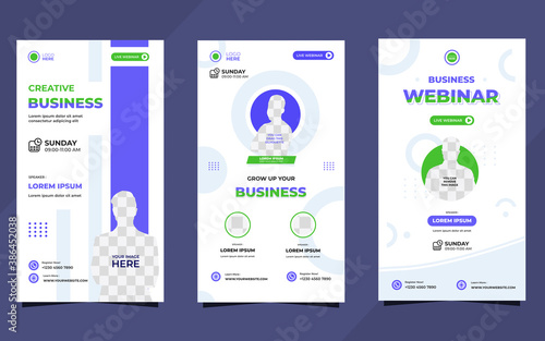 Collection of social media story post templates. with Minimalist Geometric background in white, blue and green. perfect for business webinar, medical webinar, online class and other online seminars