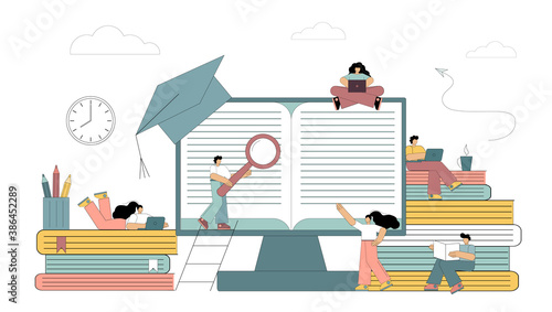 Online education at home, e-learning, Distance learning. Flat people use modern technologies for self-education. Vector isolated illustration on white background.