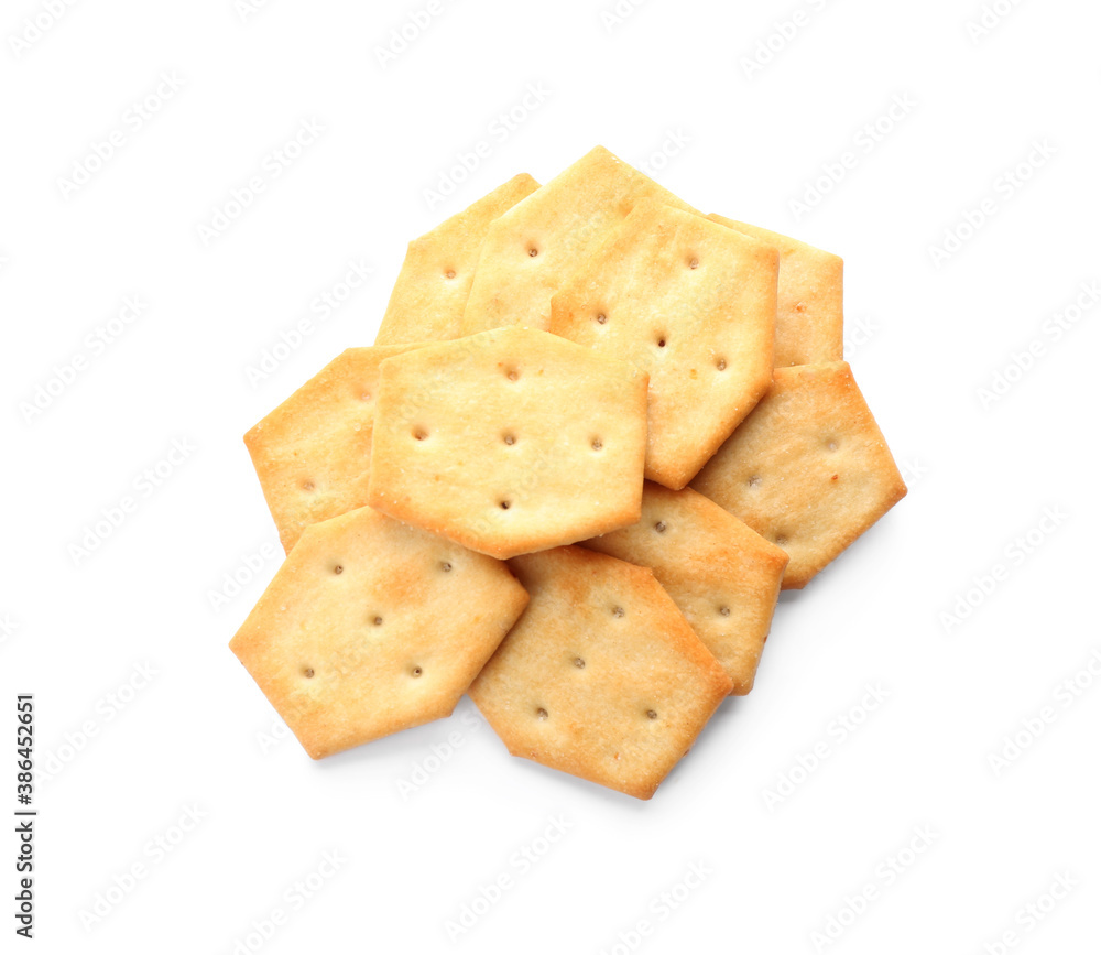 Crispy crackers isolated on white, above view. Delicious snack Crispy crackers isolated on white, above view. Delicious snack