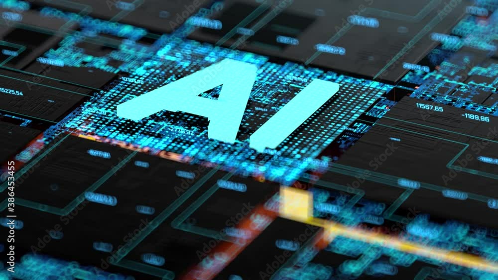 3D Render animation of AI Artificial intelligence in CPU chipset ...