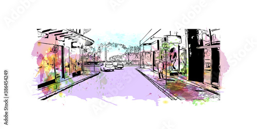 Building view with landmark of Blumenau is a city in southern Brazil. Watercolor splash with hand drawn sketch illustration in vector.