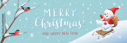 Winter holidays or Christmas background with snowman and snowflakes.