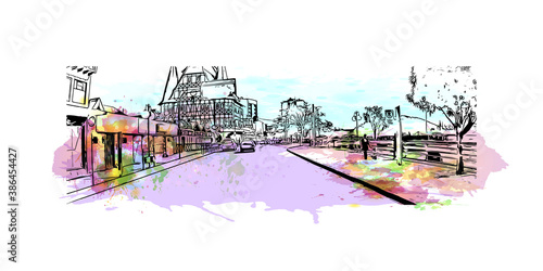 Building view with landmark of Blumenau is a city in southern Brazil. Watercolor splash with hand drawn sketch illustration in vector.