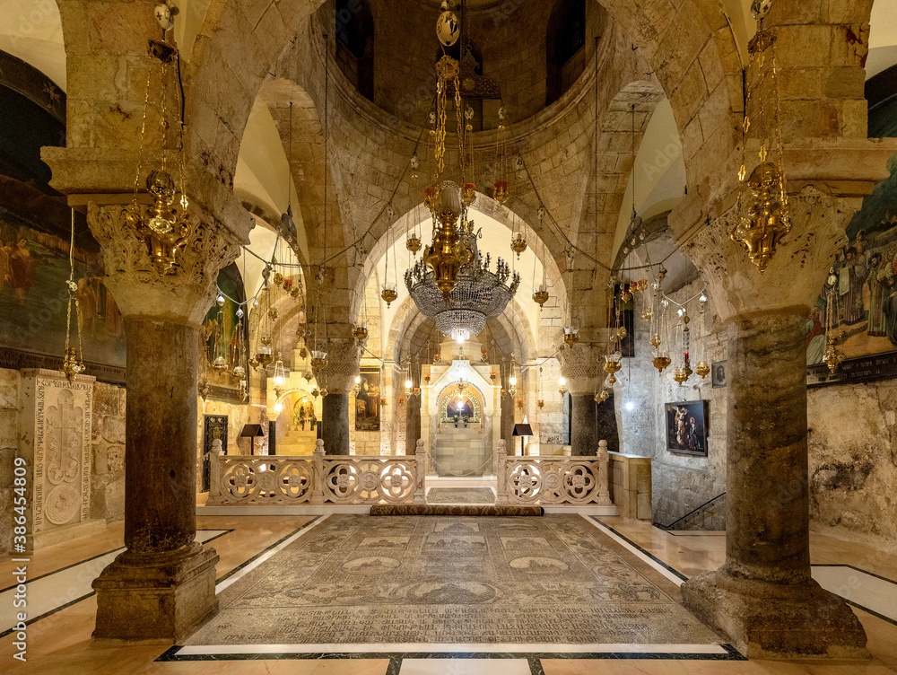 Fototapeta premium Church of the Holy Sepulchre interior with XII century Chapel of Saint Helena in Christian Quarter of historic Old City of Jerusalem, Israel